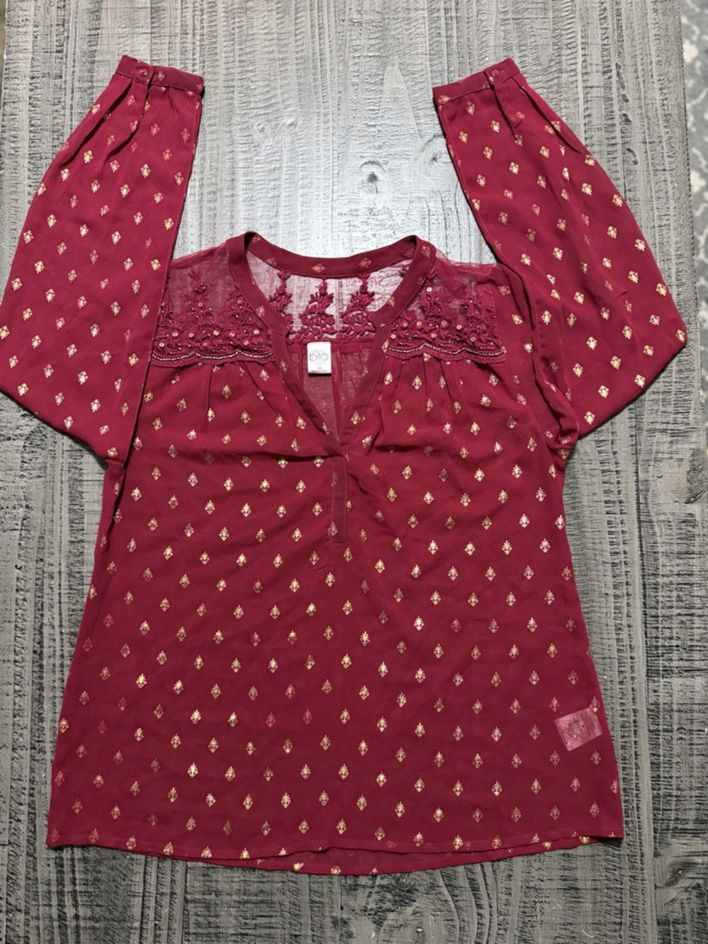 Bila Wine Red Long Sleeve Blouse with Gold Motif